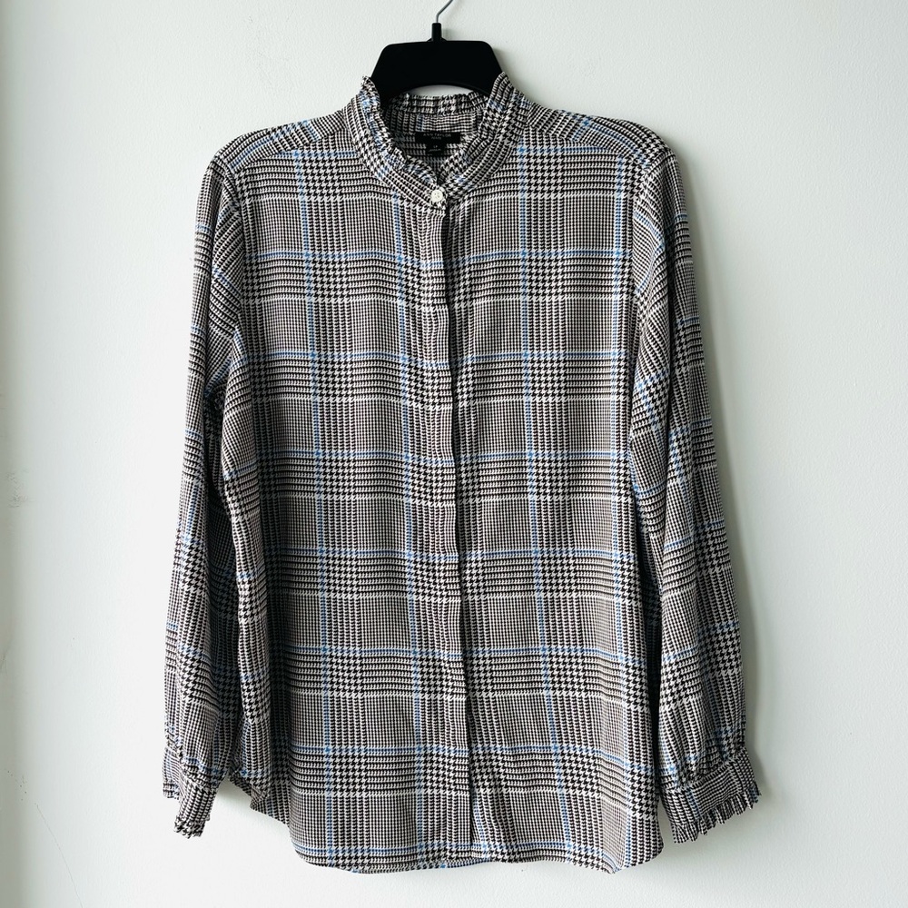 Ann Taylor Button Up Top Brown Blue Houndstooth Mock Neck Women LP Office Preppy